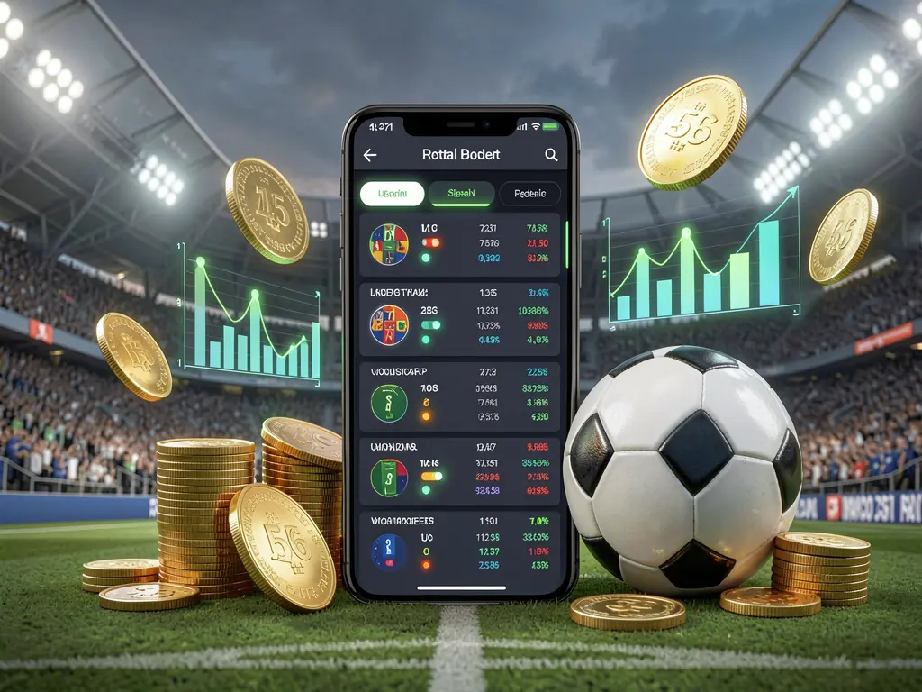 TQQQ football prediction betting scene showing a smartphone with match statistics interface, a soccer ball, coins, and glowing data charts floating around in a modern stadium background