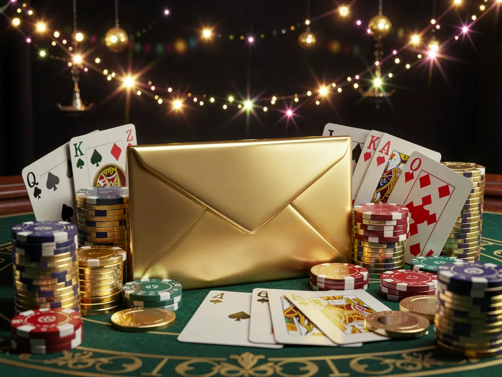 TQQQ exclusive casino promotion scene featuring a golden envelope surrounded by chips, coins, and playing cards with sparkling lights on a luxury dark background