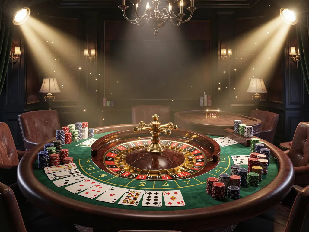 TQQQ live casino scene featuring a roulette table, playing cards, and chips under glowing spotlights with a dark elegant background in a premium online gaming atmosphere