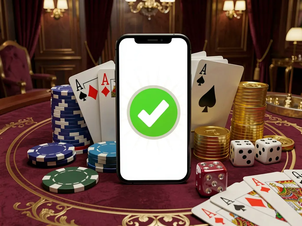 TQQQ safe casino login concept showing a smartphone with a verification checkmark icon surrounded by chips, cards, dice, and golden coins on an elegant luxury casino table in a 3D realistic render