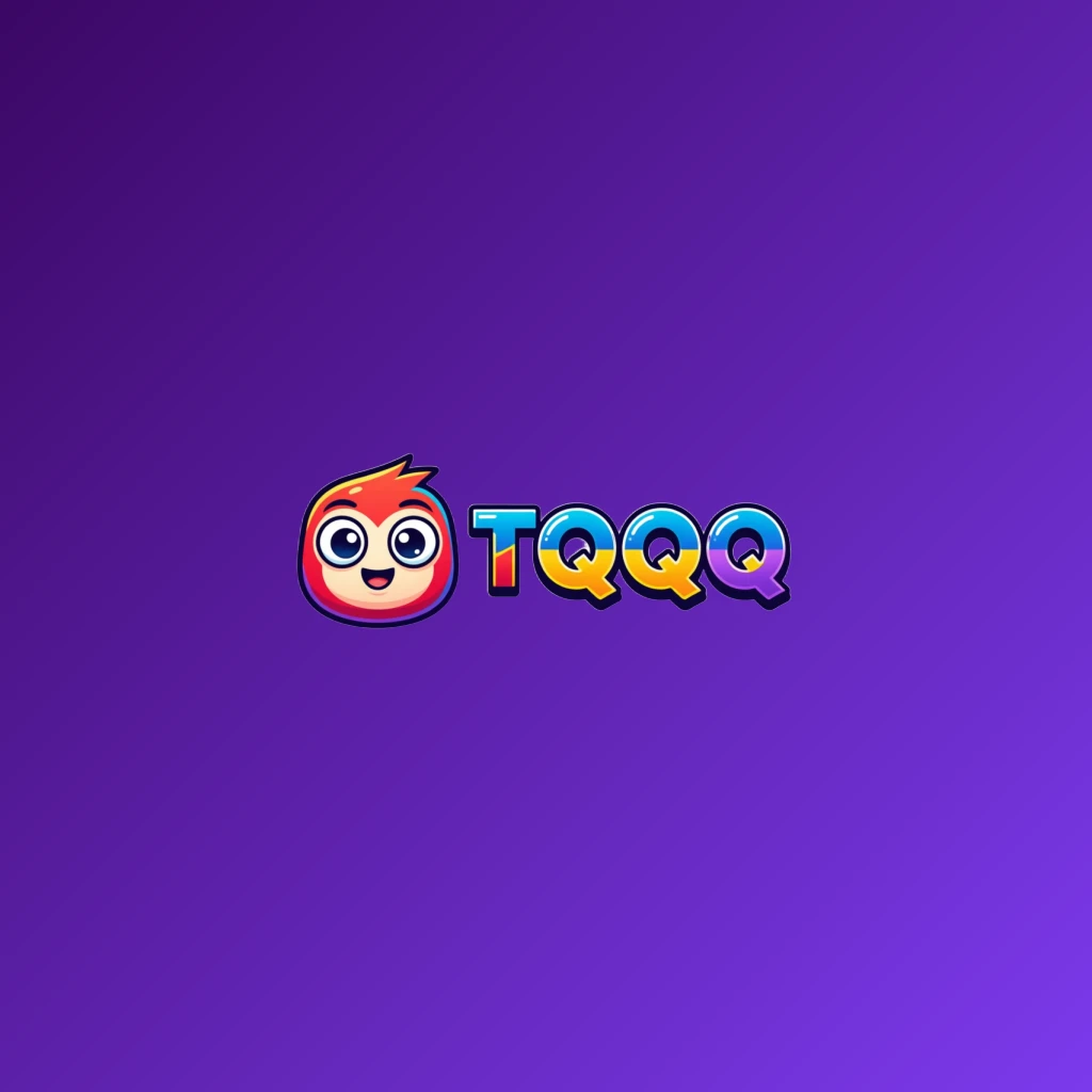 TQQQ mascot-style logo featuring a friendly character icon with bold, colorful gaming brand lettering on a transparent background, designed as a wide horizontal rectangular wordmark for a website header
